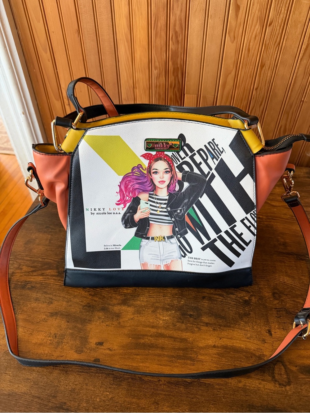 Graphic Panel Satchel in White, Black, Yellow & Coral